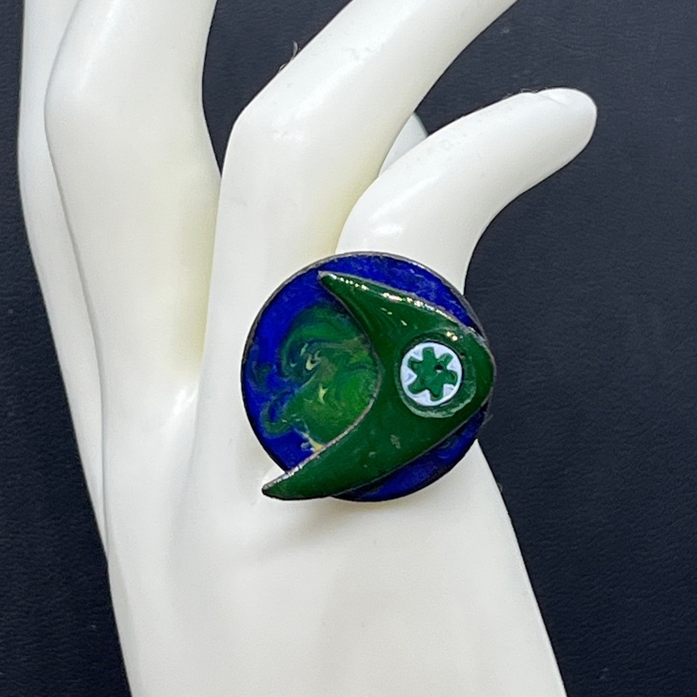 Mid century atomic  blue and green enamel over copper ring